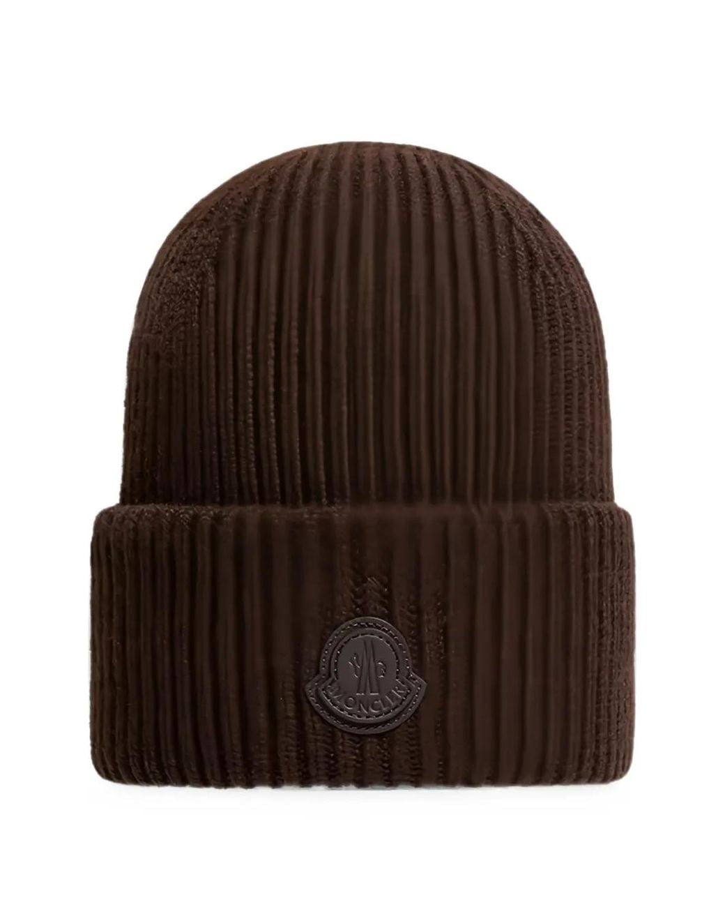 Moncler Brown Logo-Patch Ribbed-Knit Beanie Hat for men