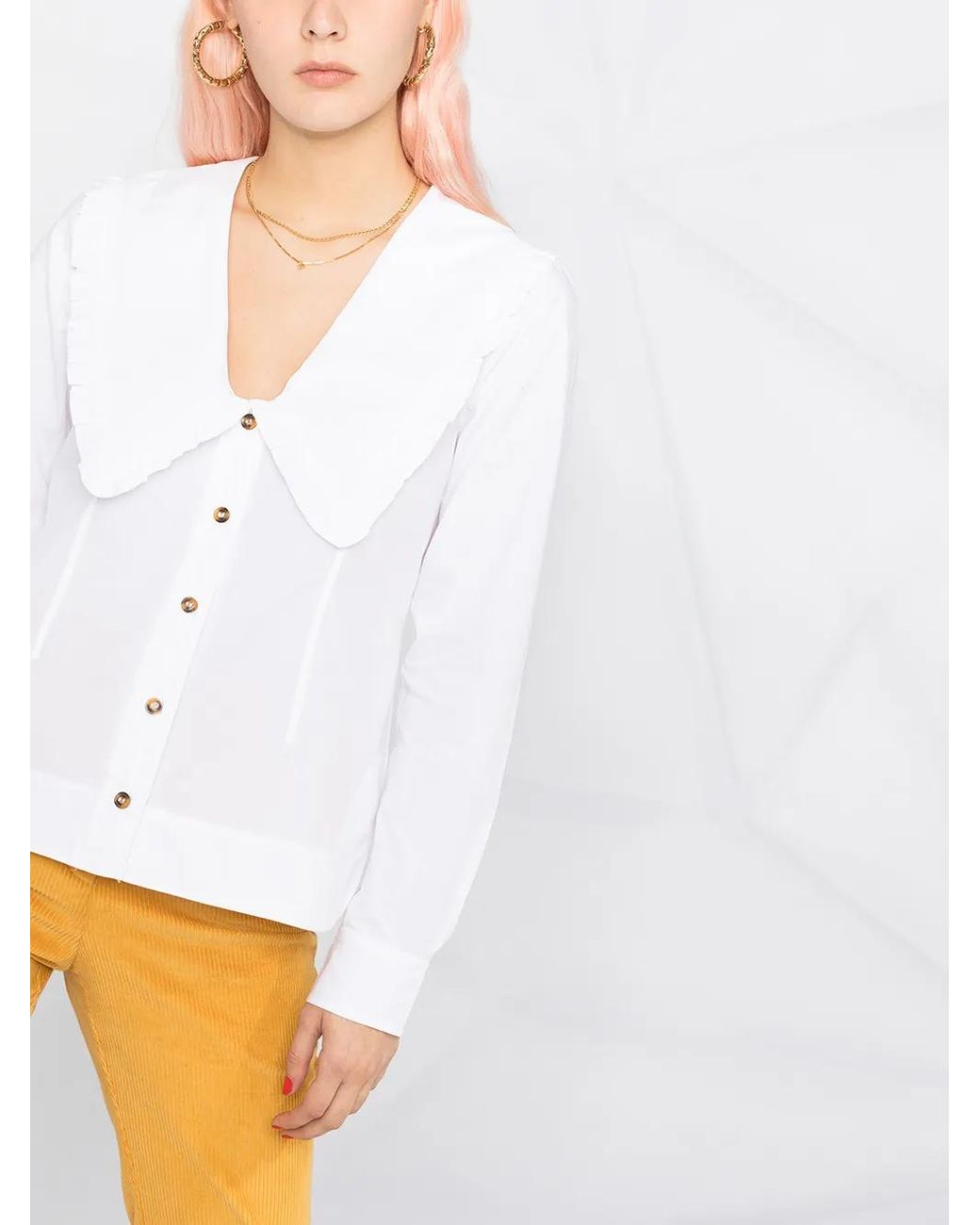 Ganni White Ruched Organic Cotton Collar Blouse