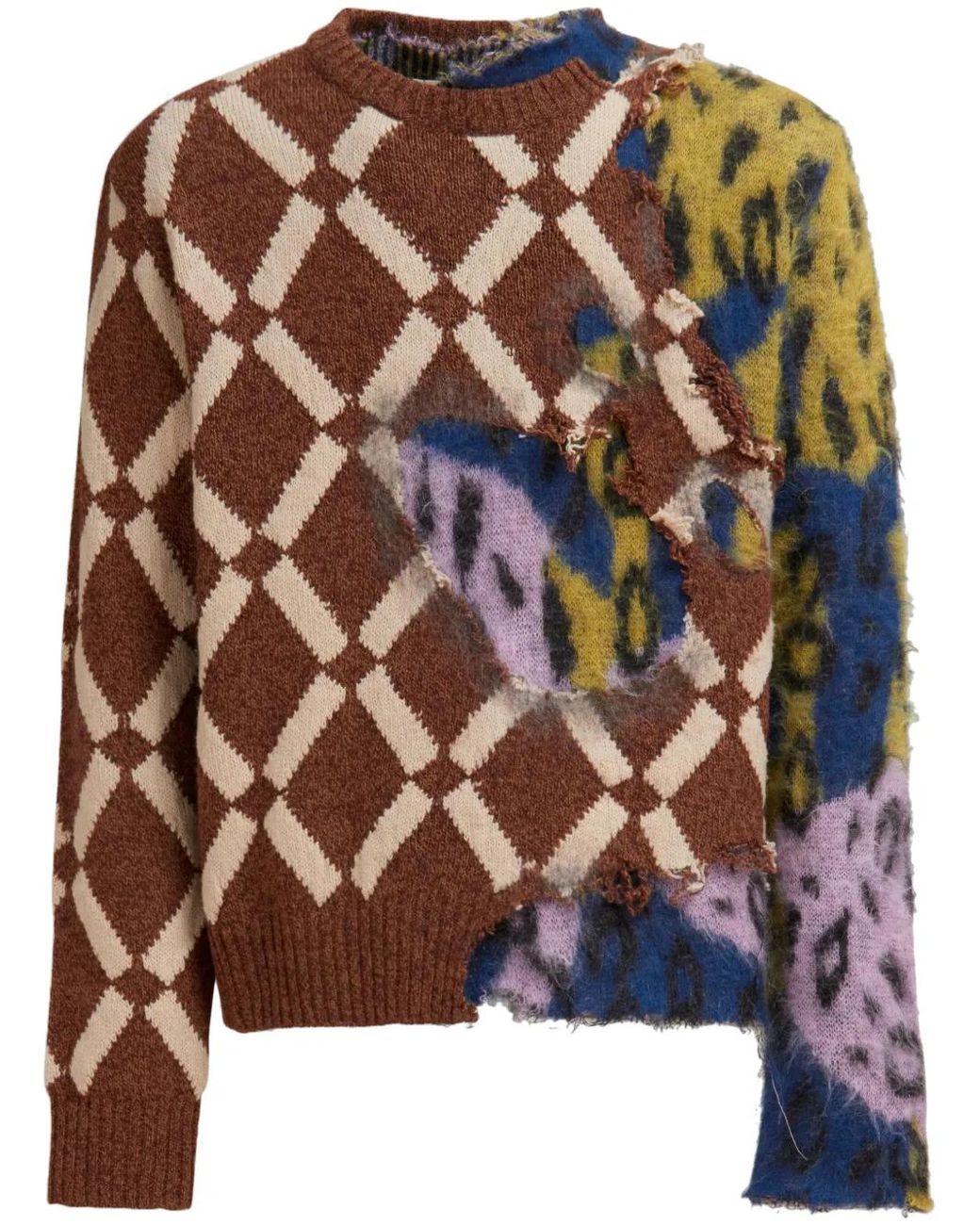 Marni Brown Distressed-Effect Colour-Block Jumper for men