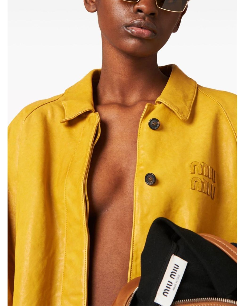 Miu Miu Logo-Appliqué Leather Jacket in Yellow | Lyst