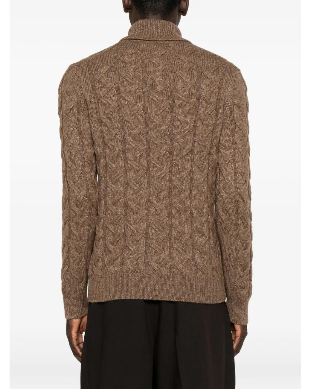 Gran Sasso Brown Cable-Knit Roll-Neck Sweater for men