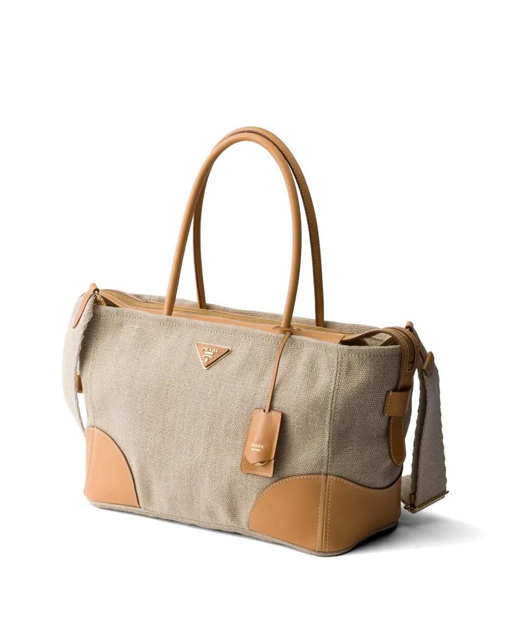 Prada Natural Large Linen And Leather Tote Bag