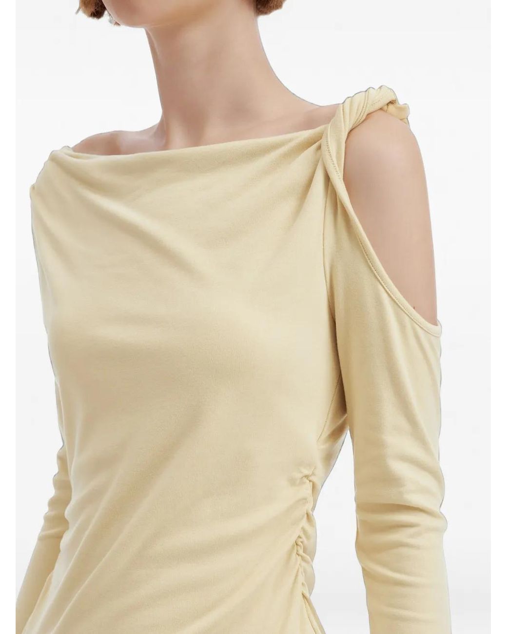 B+ AB Natural Asymmetric-Neck Ruched Top