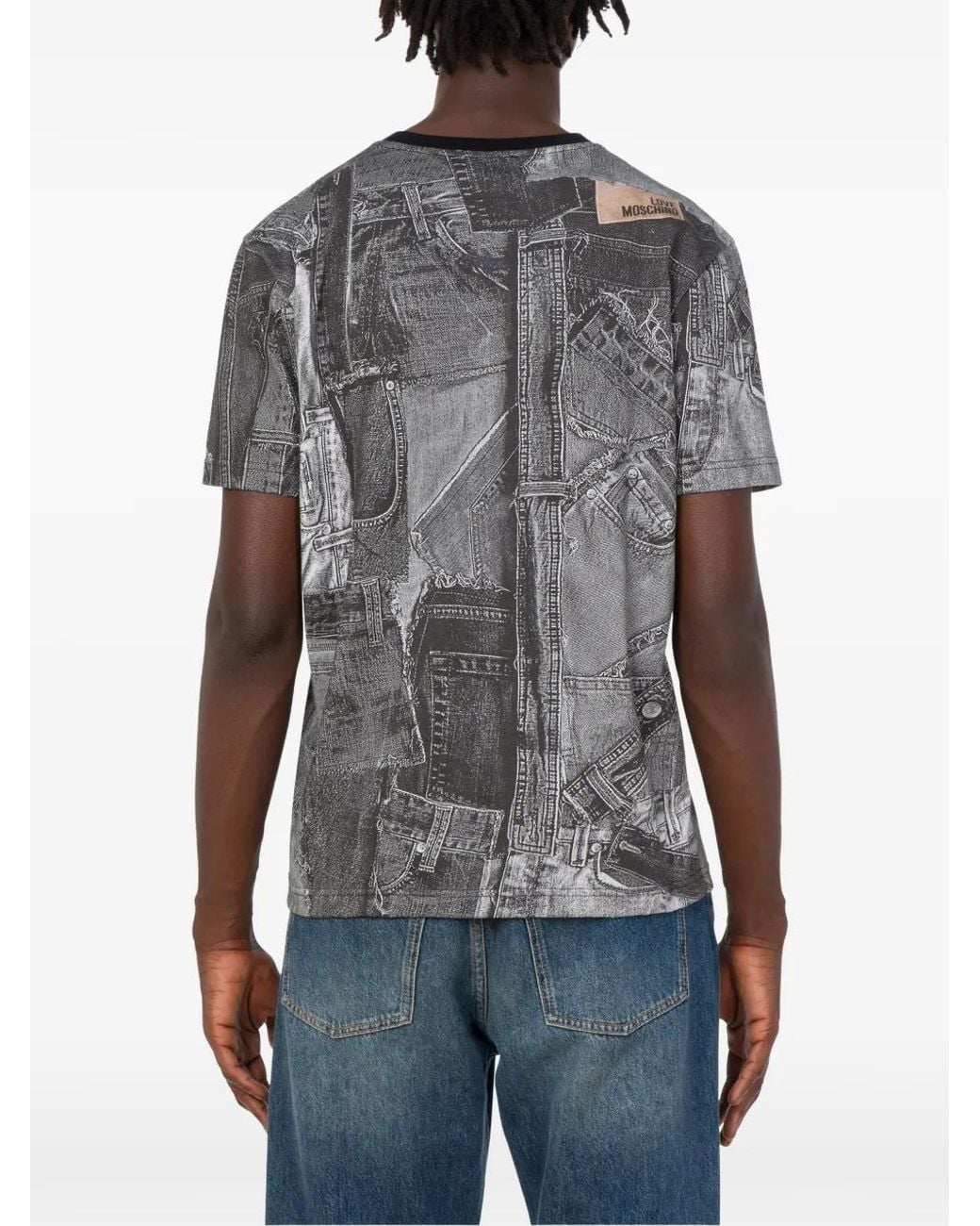 Love Moschino Gray Denim-Print Cotton T-Shirt for men