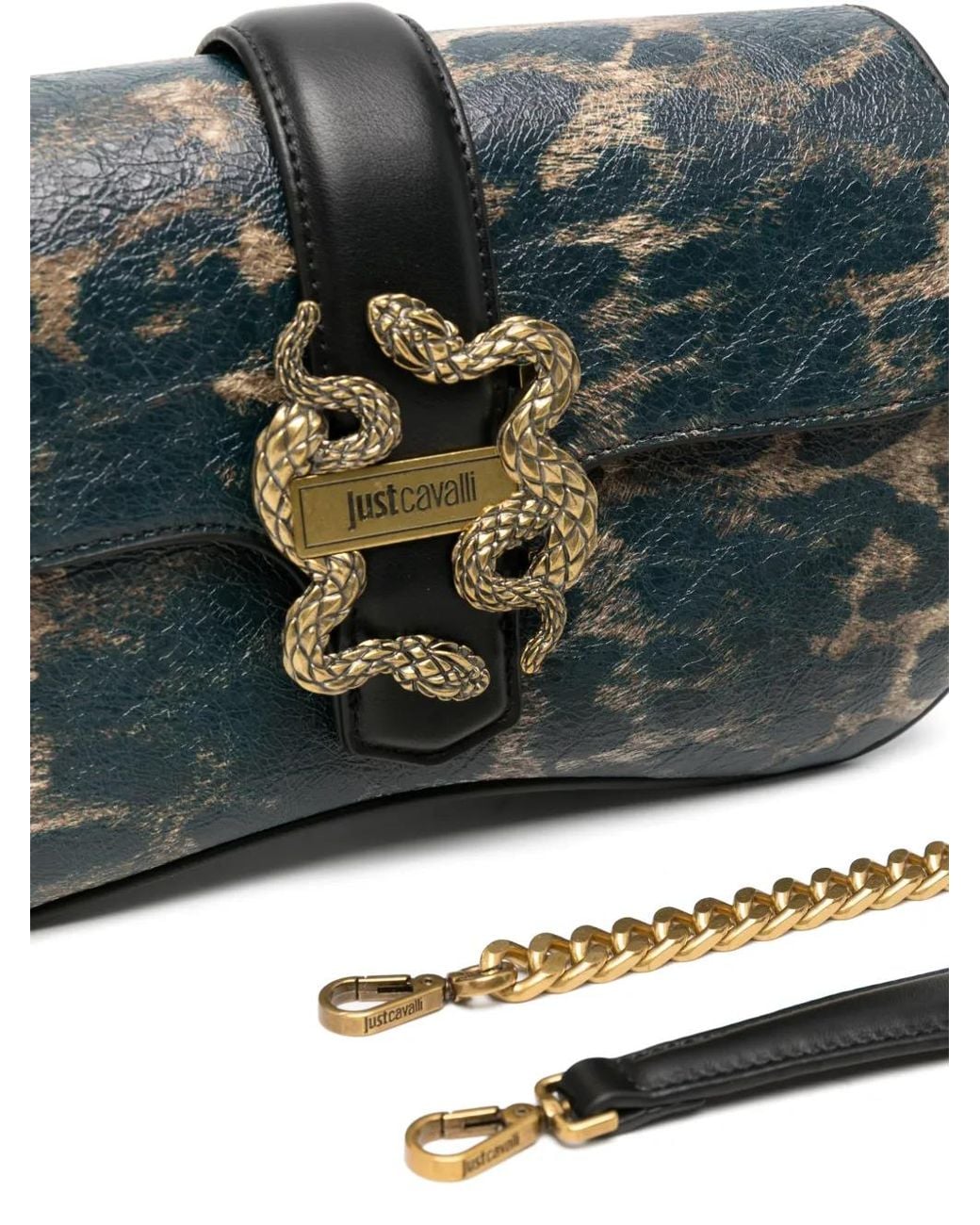 Just Cavalli Gray Athena Snake-Plaque Leopard-Print Shoulder Bag