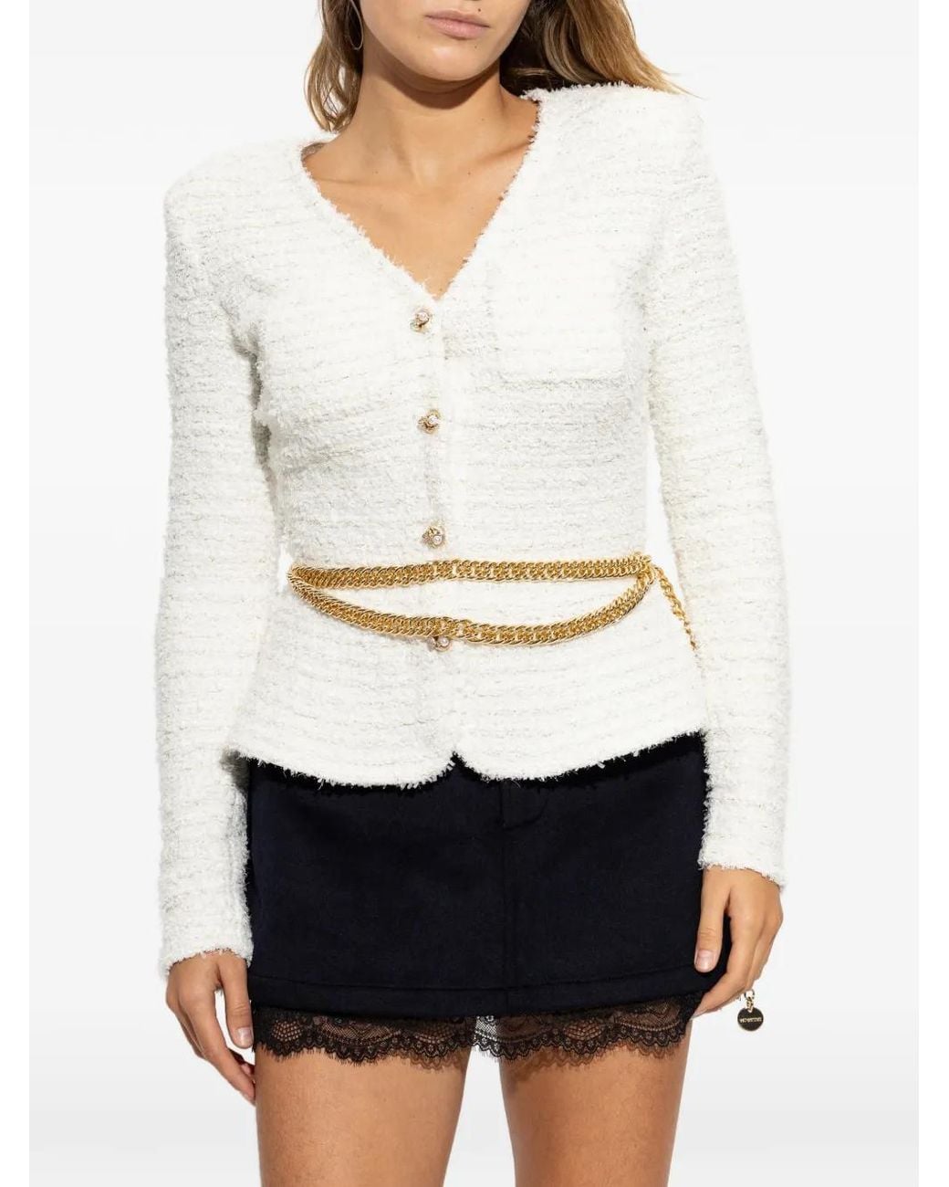 Self-Portrait White Belted Bouclé-Effect Jacket