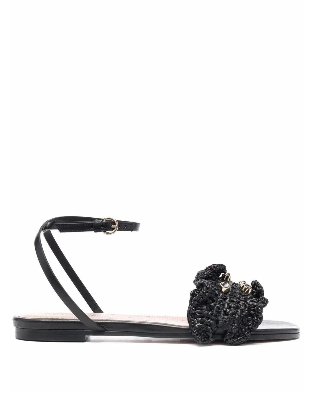 Red(v) Black Rhinestone-Embellished Flat Sandals