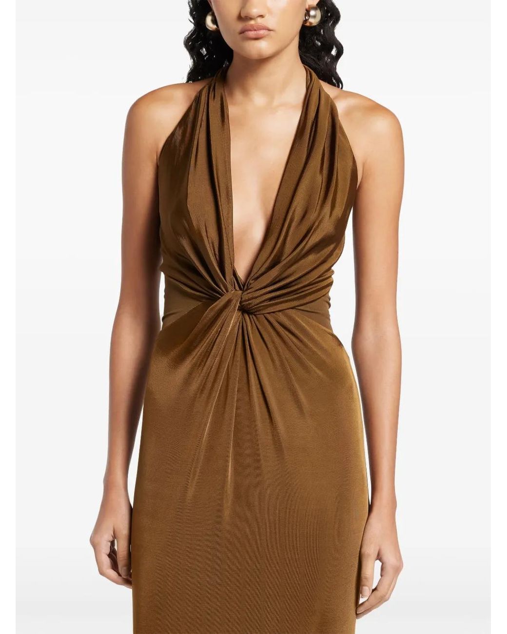 tom ford brown dress TOM FORD Plunging Cowl-Neck Sleeveless Maxi Dress