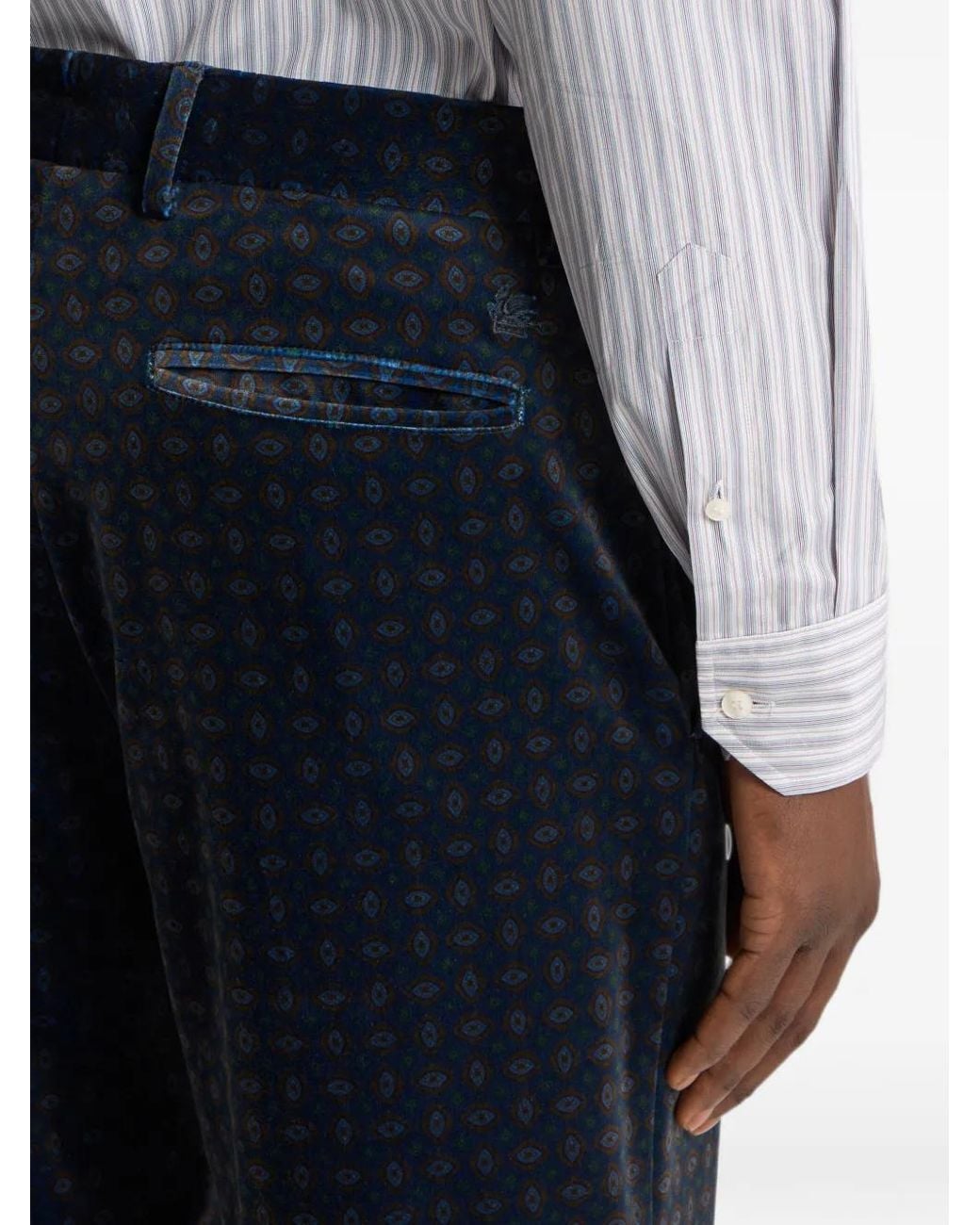 Etro Blue Straight-Leg Cotton Velvet Trousers With Tie Motif for men
