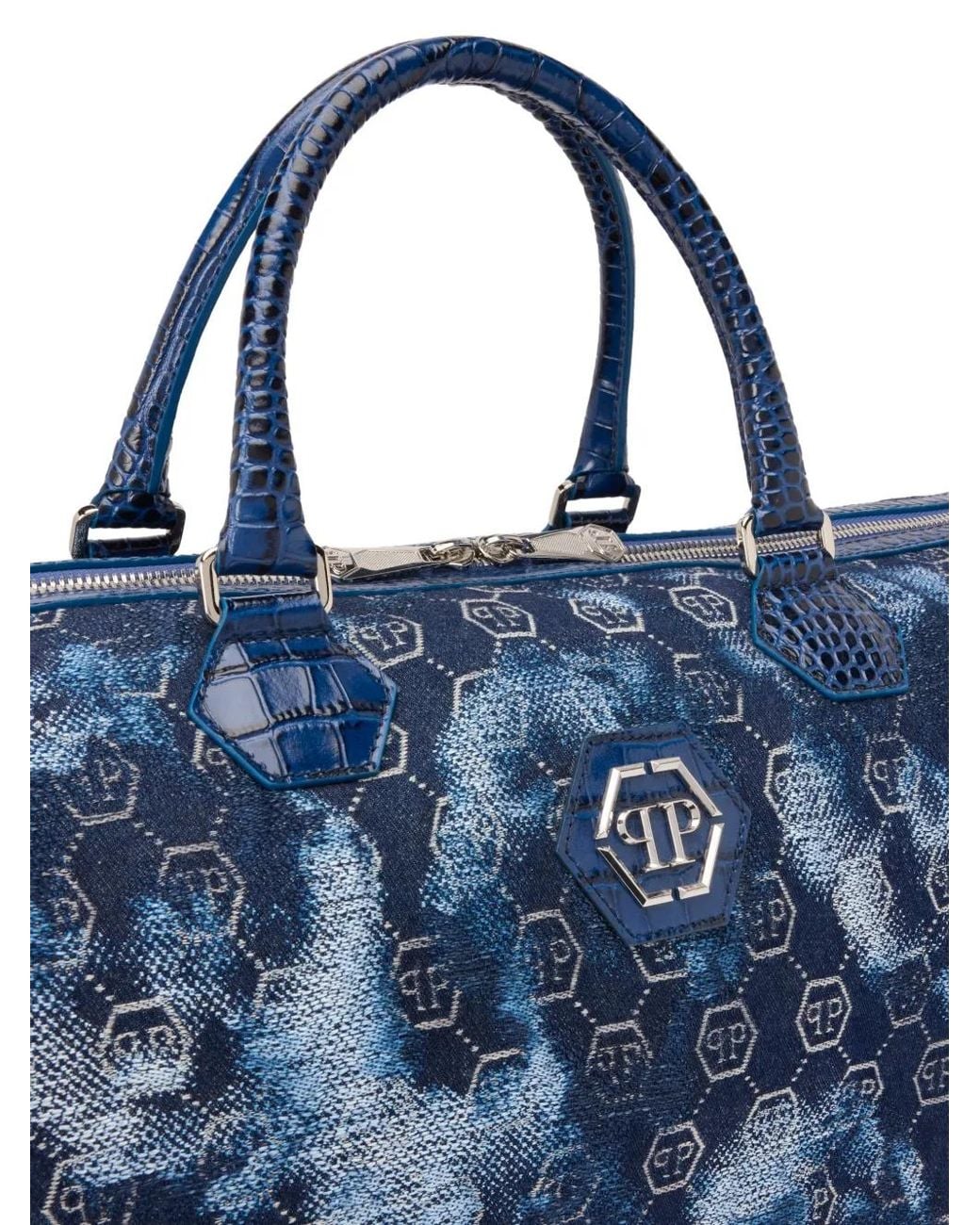 Philipp Plein Blue Jacquard Monogram Crocodile Duffle Bag for men