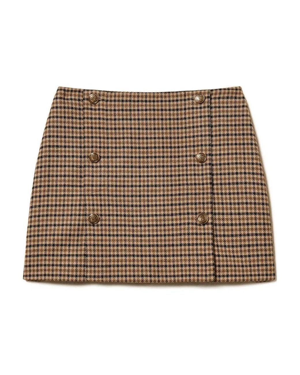 Twinset Brown Checked Buttoned Mini Skirt
