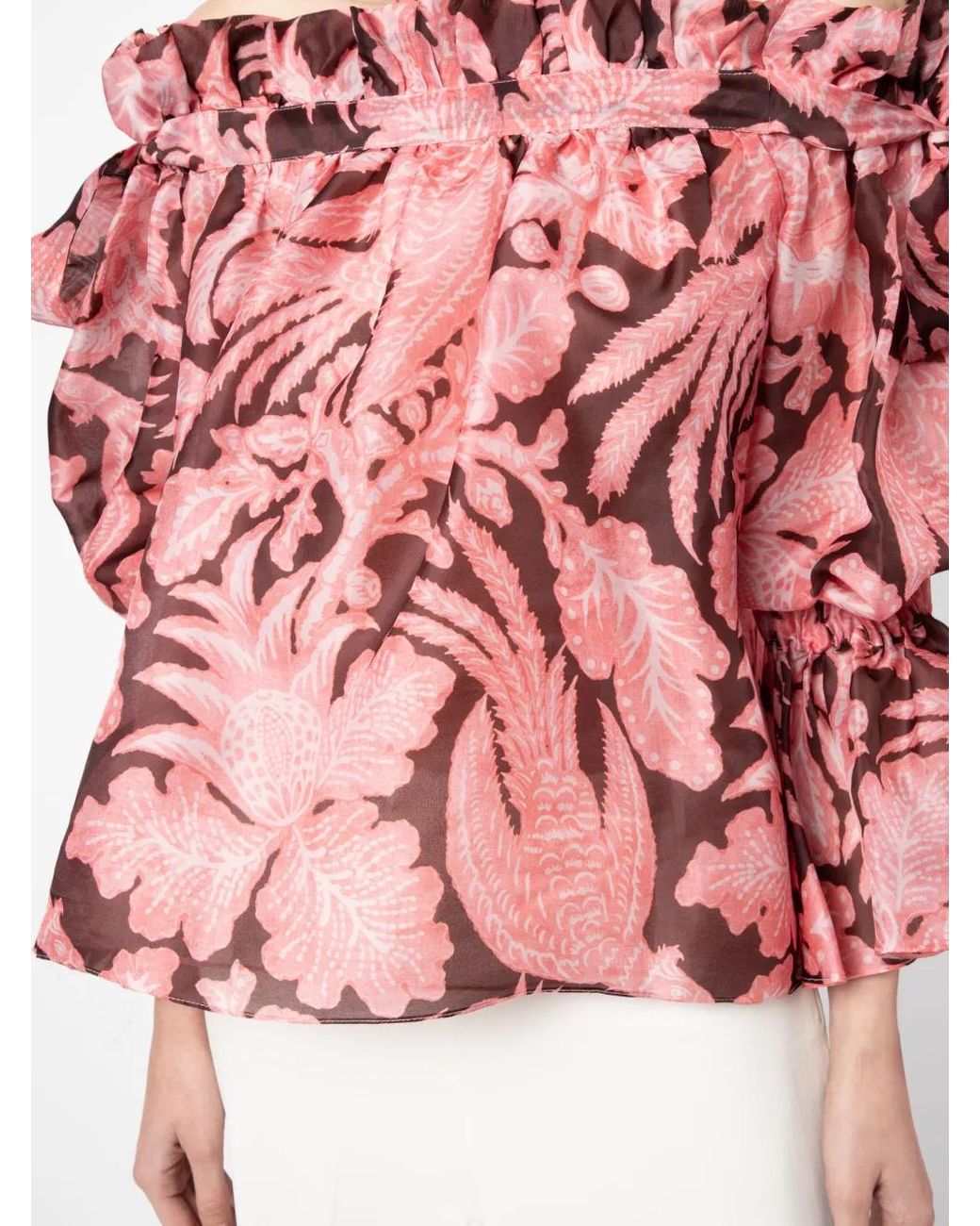 Biyan Pink Ruffled Floral-Print Silk Blouse