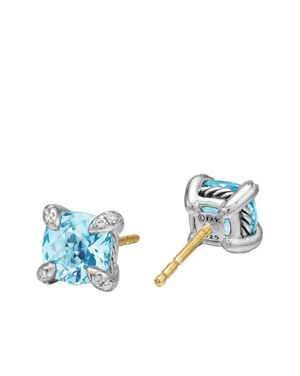 David Yurman Blue Sterling Petite Chatelaine Topaz And Diamond Stud Earrings (6Mm)