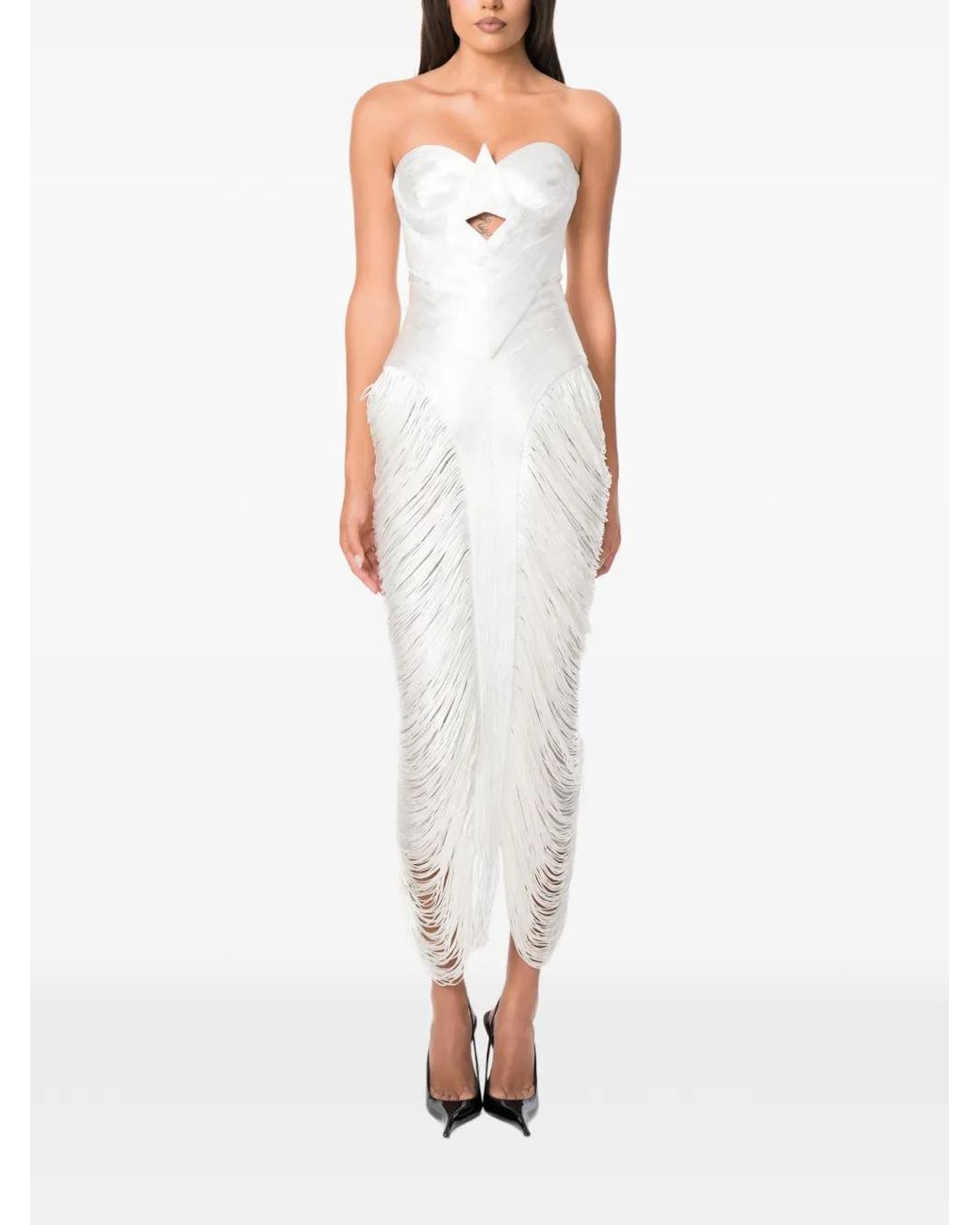 NORINA ST White Aura Fringe-Trimmed Cutout Midi Dress