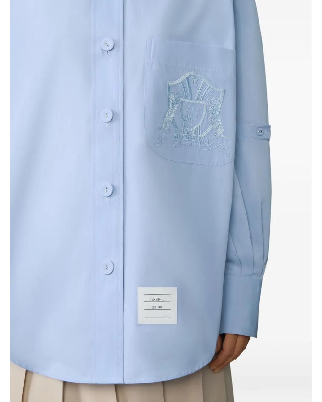 Thom Browne Blue Solid Poplin Crest Embroidery Armband Supersized Shirt