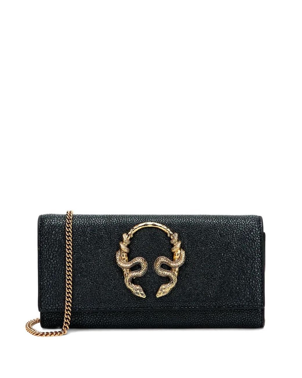 Roberto Cavalli Black Snake-Detail Chain-Strap Wallet