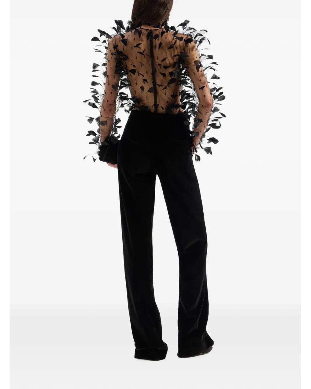 Genny White Feather-Embellished Sheer Bodysuit