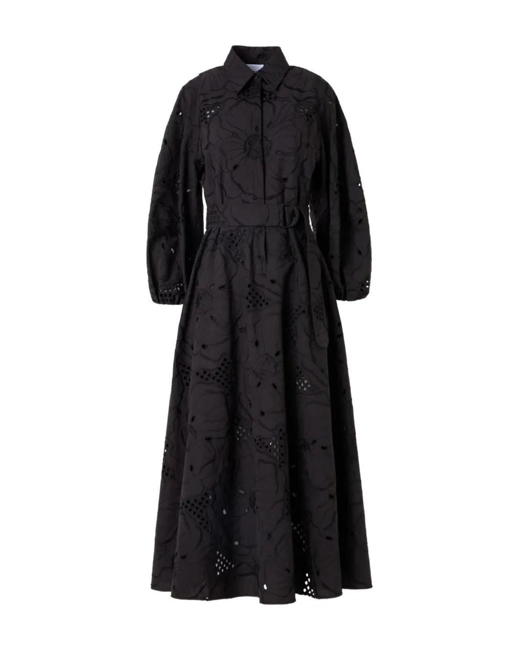 Akris Black Robe Mi-Longue Ceinturée À Broderie Anglaise