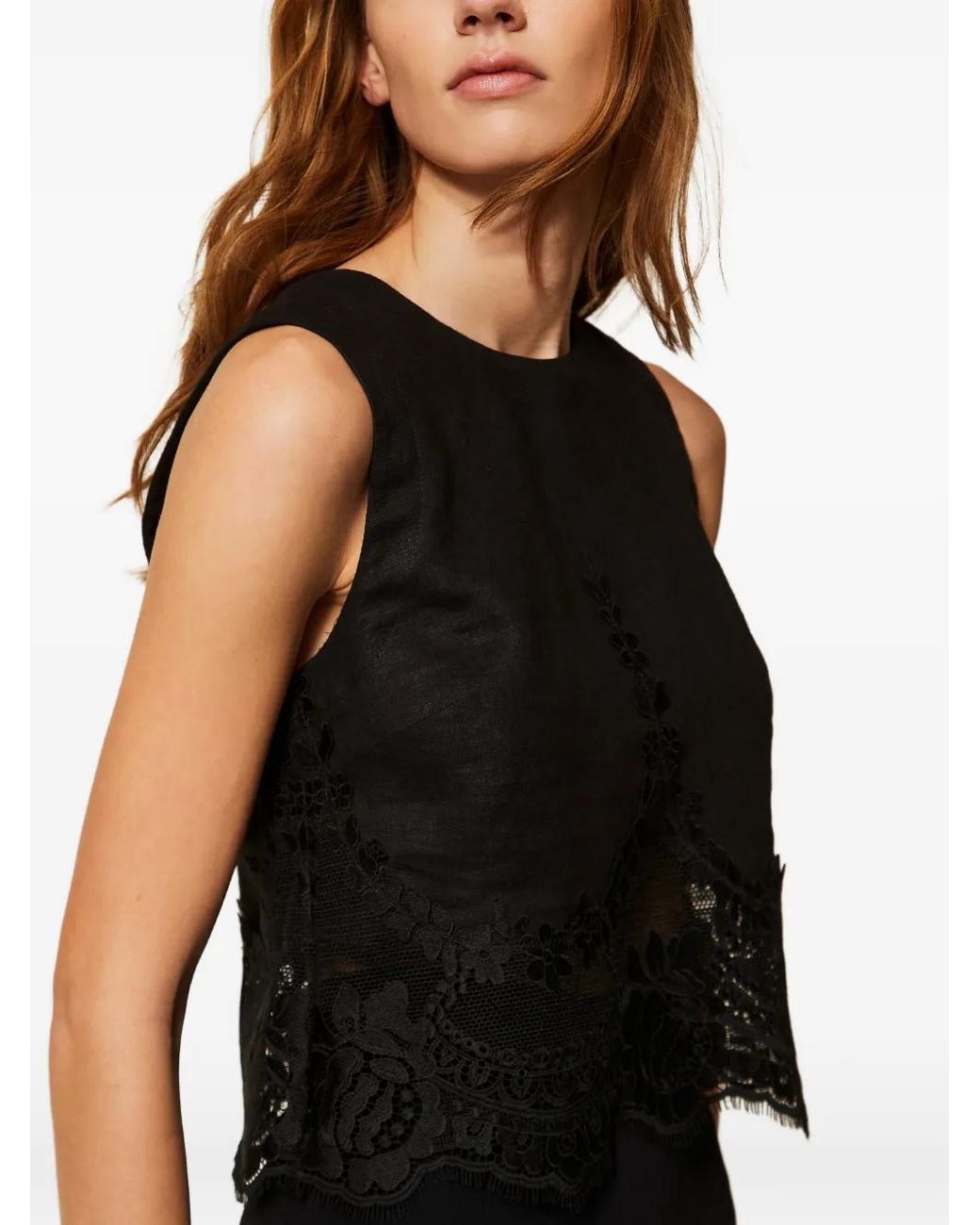 Twinset Black Linen Top With Lace