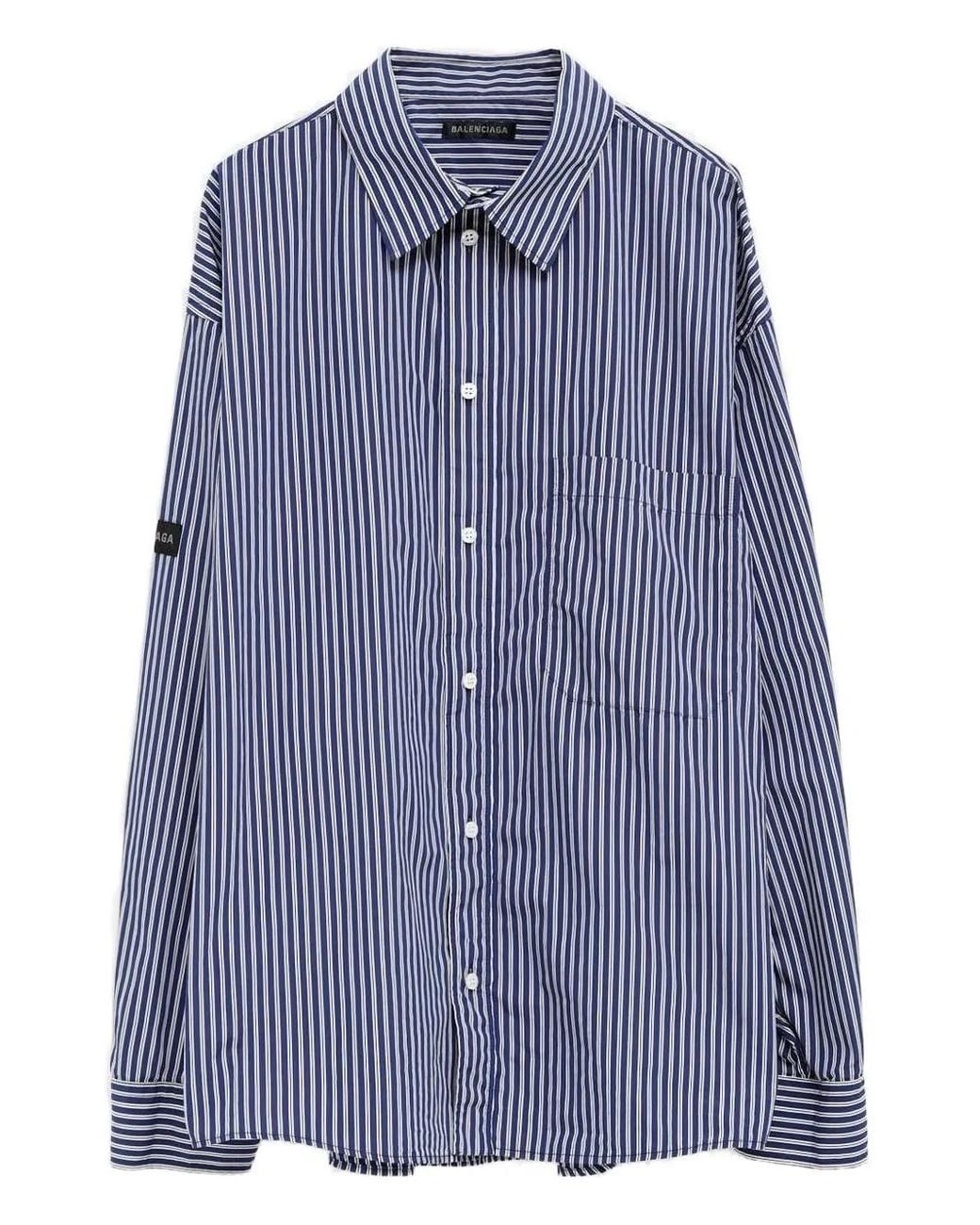 Balenciaga Blue Vertical-Stripe Logo-Patch Shirt for men