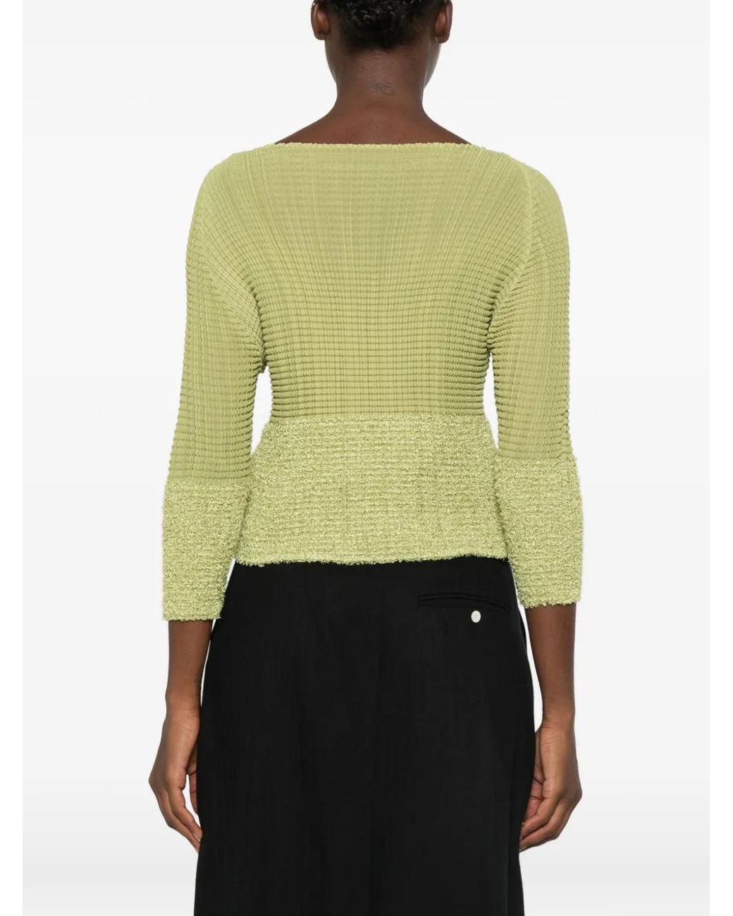 Issey Miyake Green Plissé-Effect Three-Quarter Sleeve Top