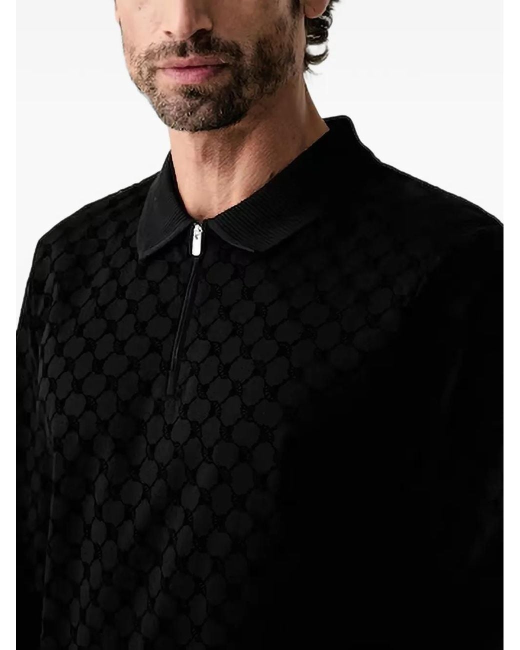 Joop! Black Monogram-Pattern Long-Sleeve Polo Shirt for men