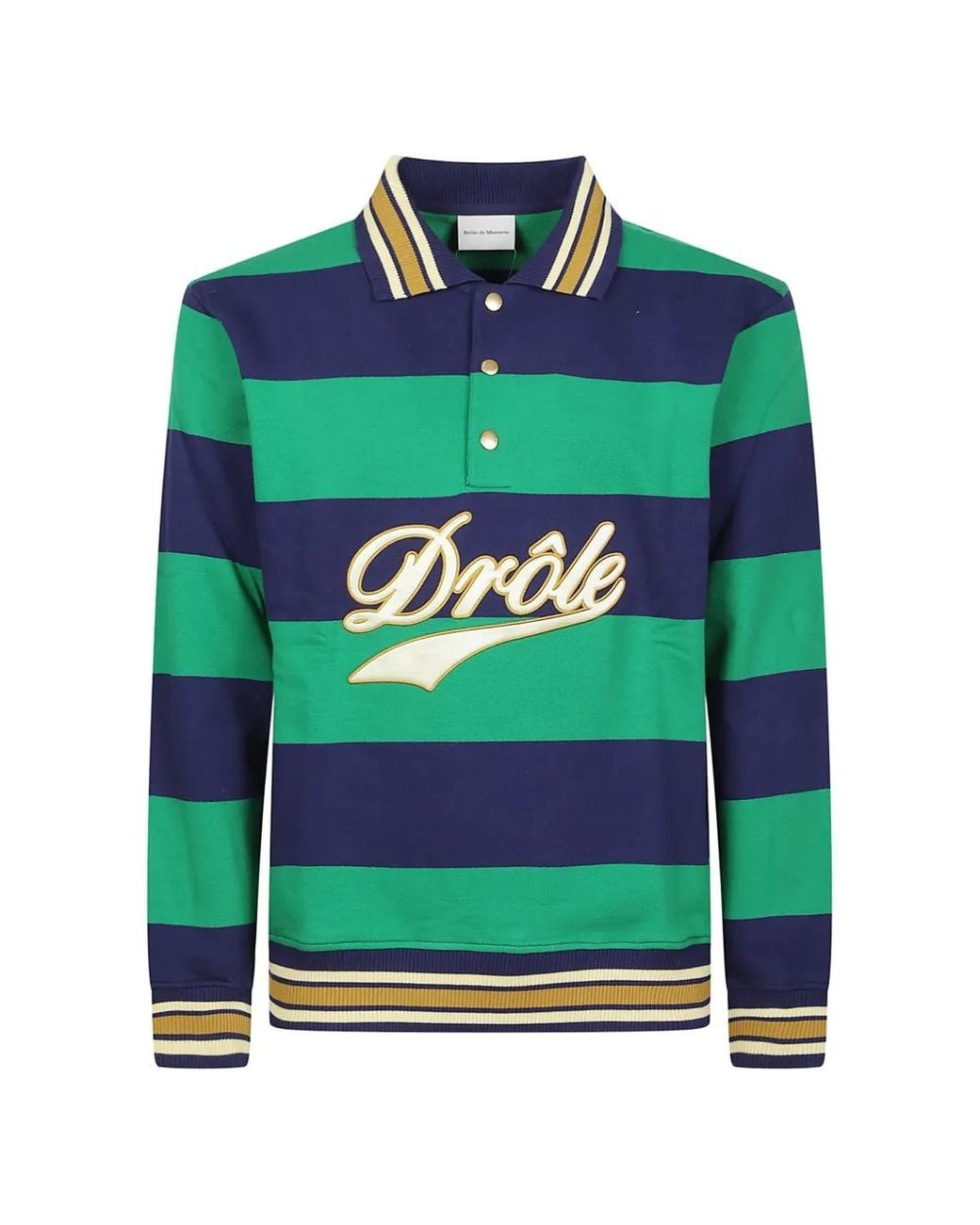 Drole de Monsieur Green Striped Logo-Patch Polo Shirt for men