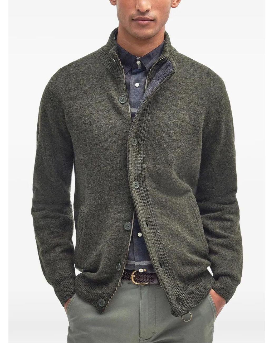 Barbour Gray Essential Elbow-Patch Cardigan for men