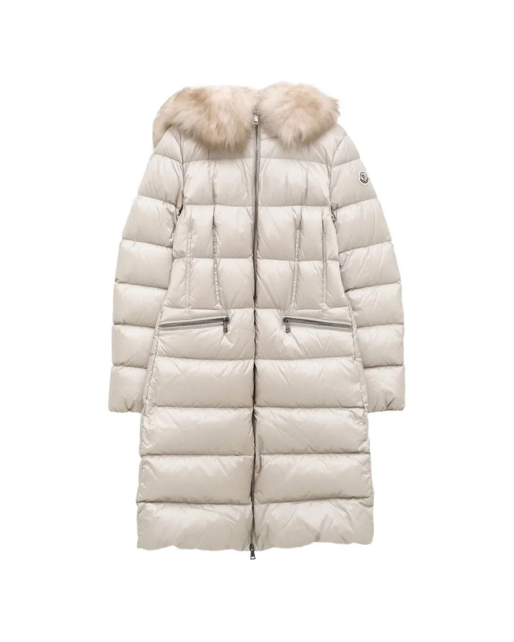 Moncler White Doudoune À Capuche Bordée De Fourrure