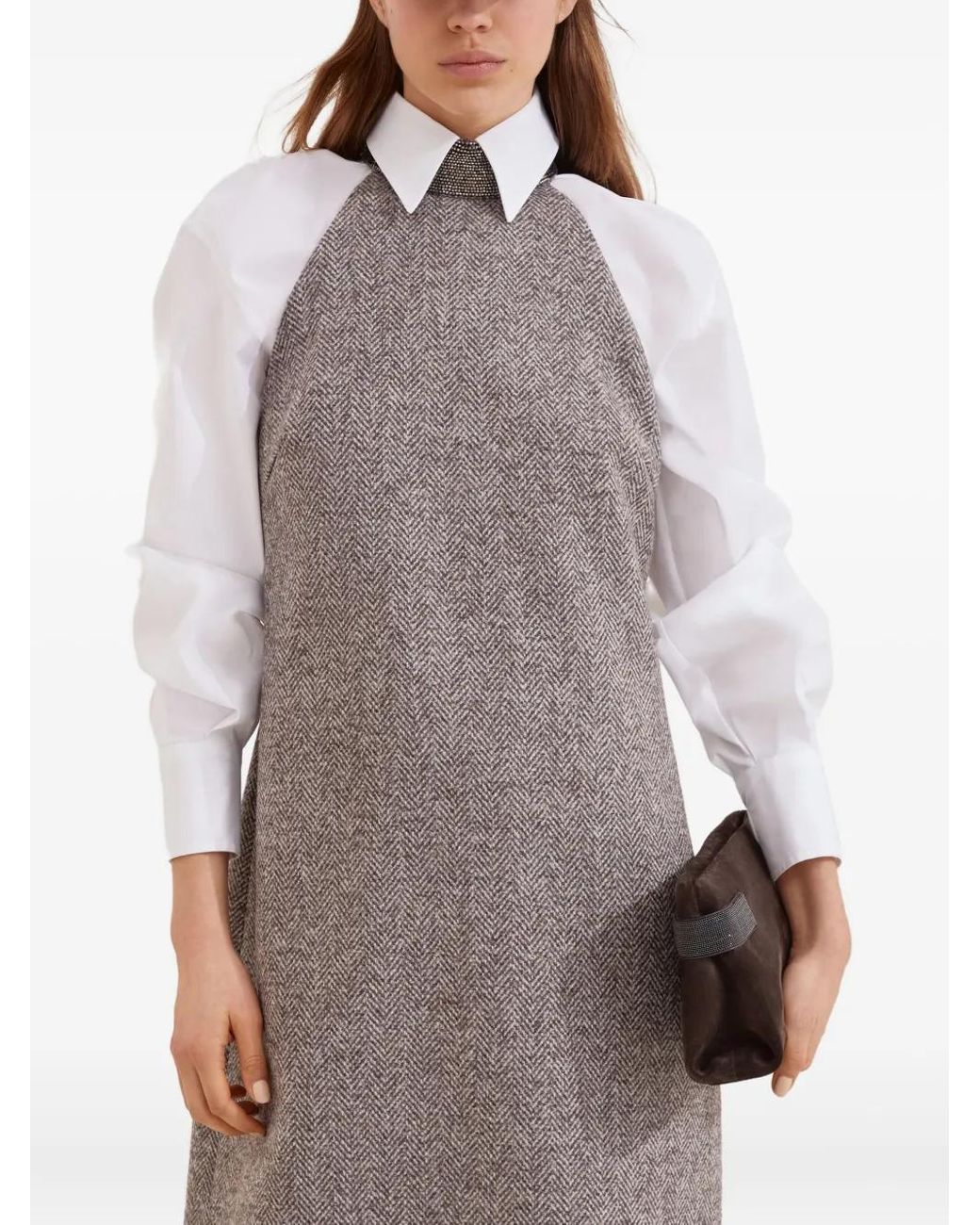 Brunello Cucinelli Gray Wool-Blend Tweed Mini Dress