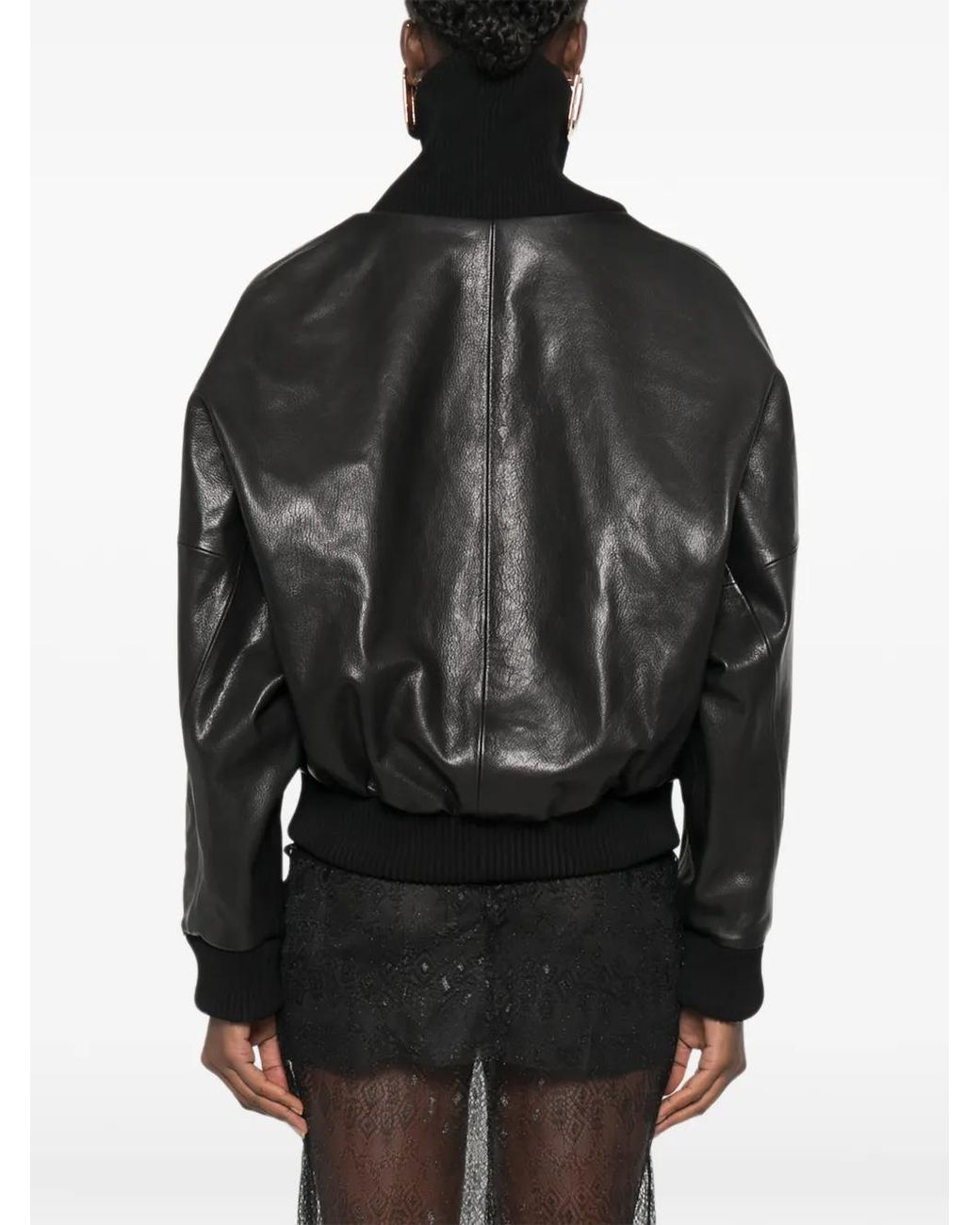 Magda Butrym Black Leather Bomber Jacket With Knit Shawl Collar