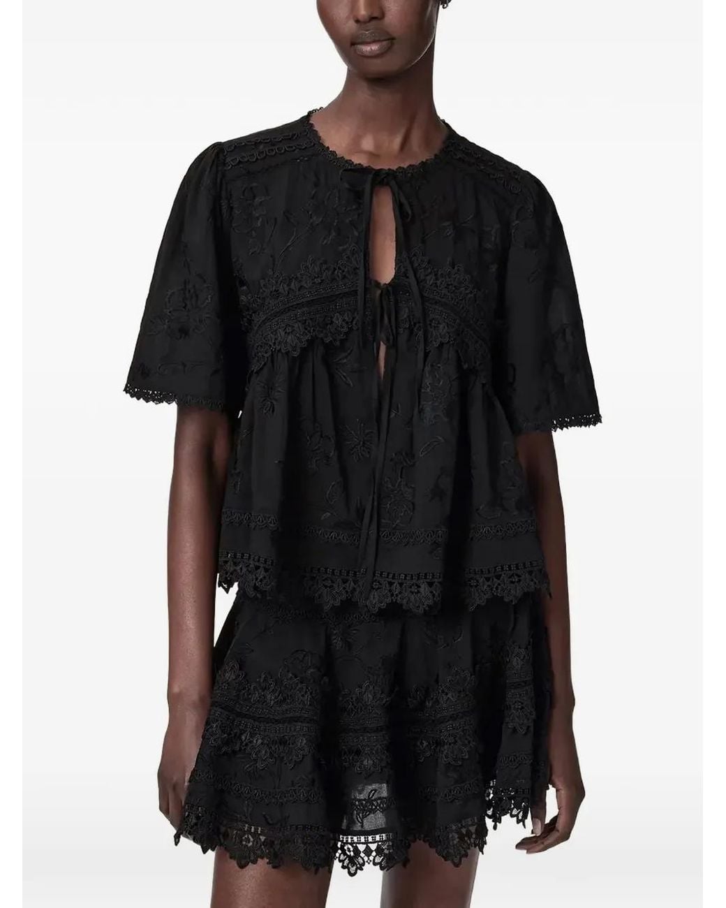 AllSaints Black Lillith Embroidered Short-Sleeve Blouse