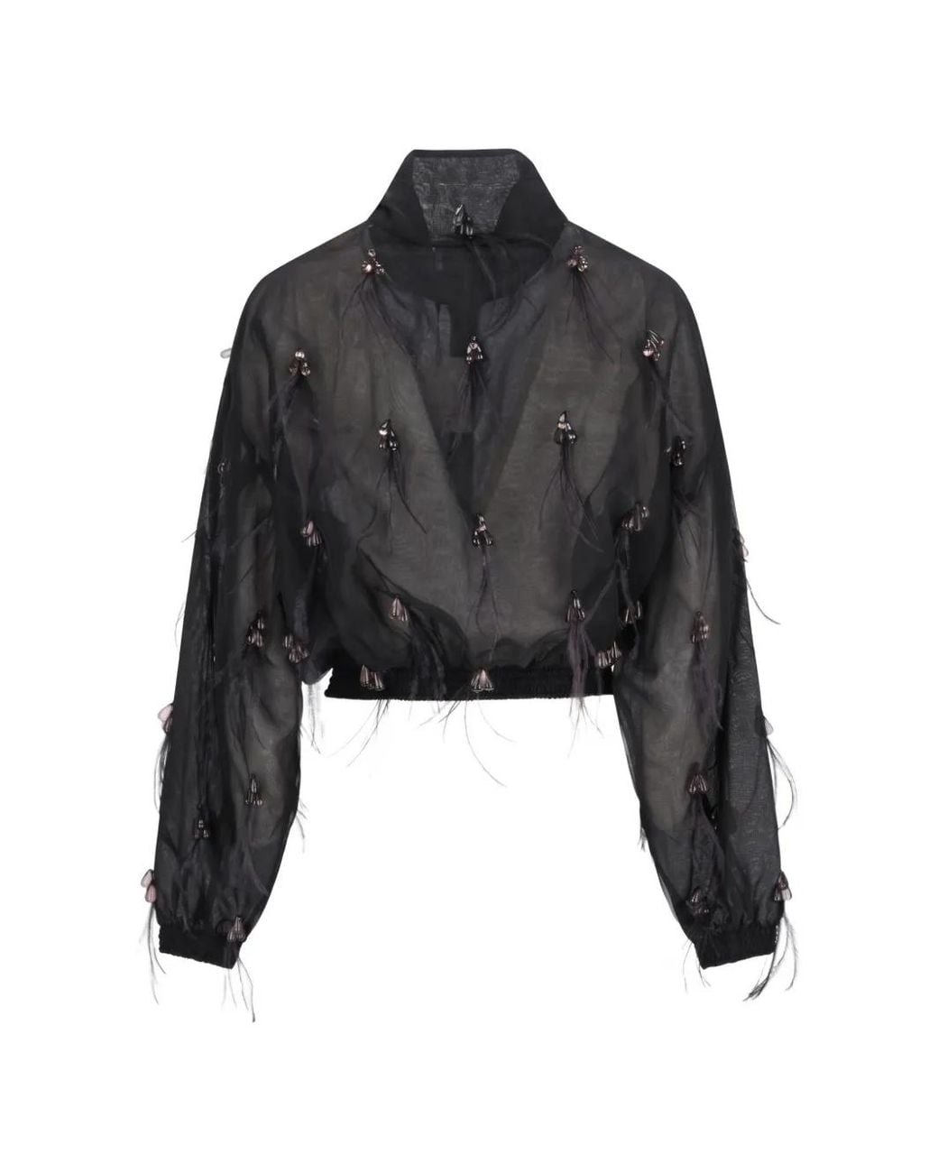 GIUSEPPE DI MORABITO Black Feather-Embellished Bead-Detail Bomber Jacket