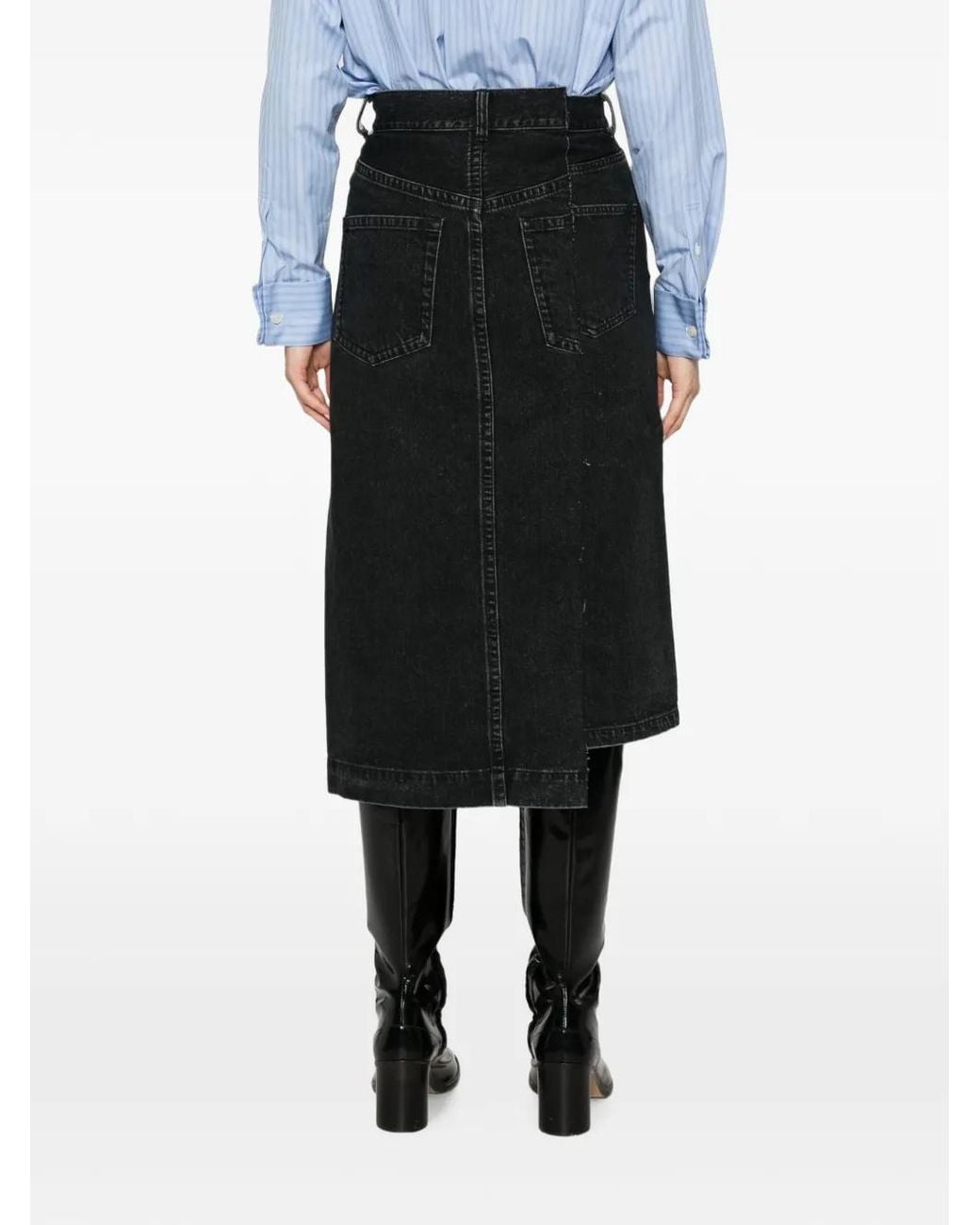 Sacai Black Asymmetric-Hem Denim Midi Skirt