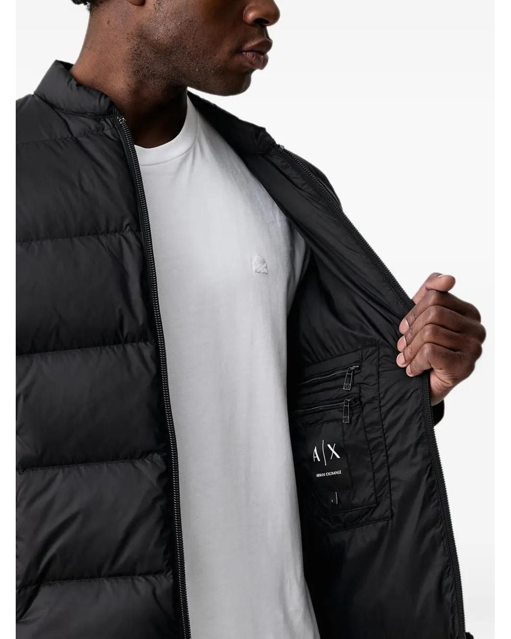 ARMANI EXCHANGE Black Quilted Logo-Patch Jacket for men