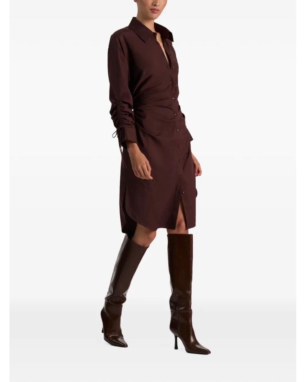 Alice + Olivia Purple Denise Ruched Tie-Sleeve Midi Shirt Dress