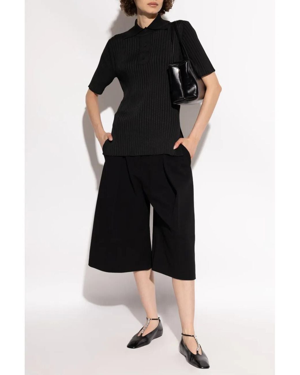 Jil Sander Black Ribbed Polo Top