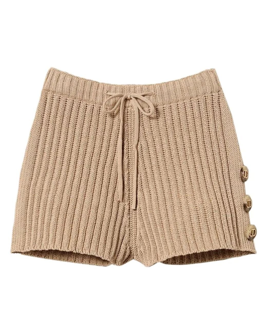 Twinset Natural Button-Detail Ribbed-Knit Shorts