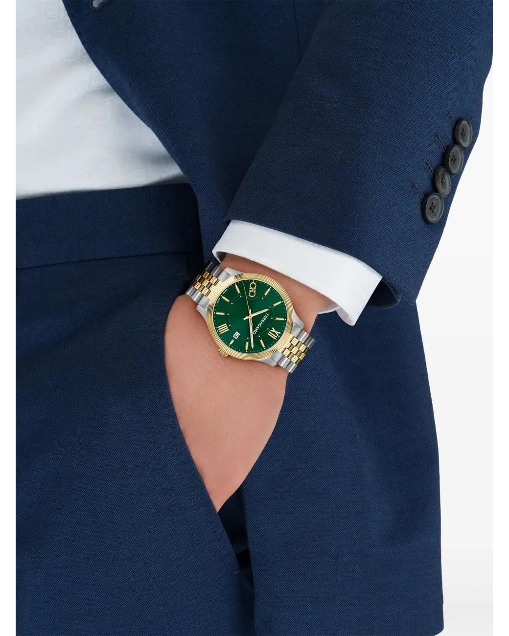 Ferragamo Green Roman Numeral Dial Gold-Plated Watch for men
