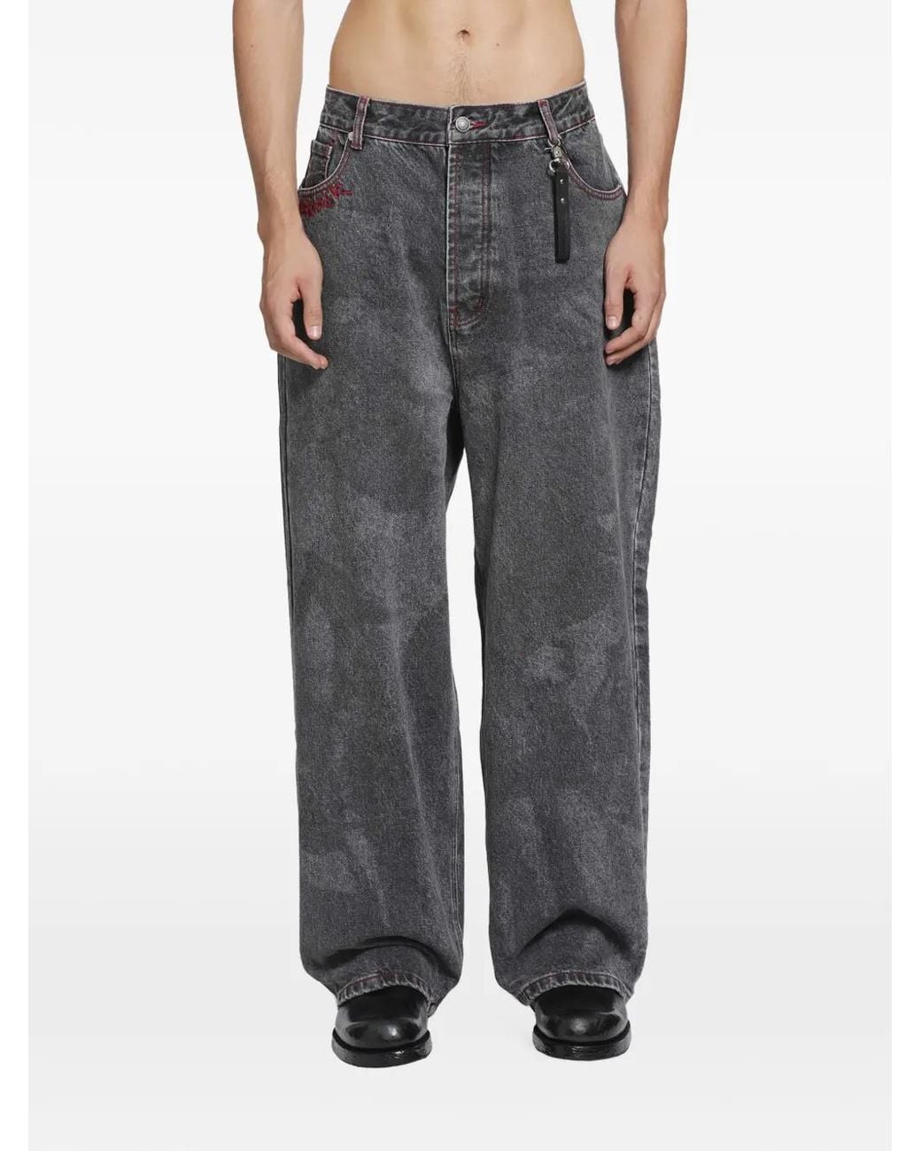 DAGGER Gray Johnny Embroidered Acid-Wash Jeans for men