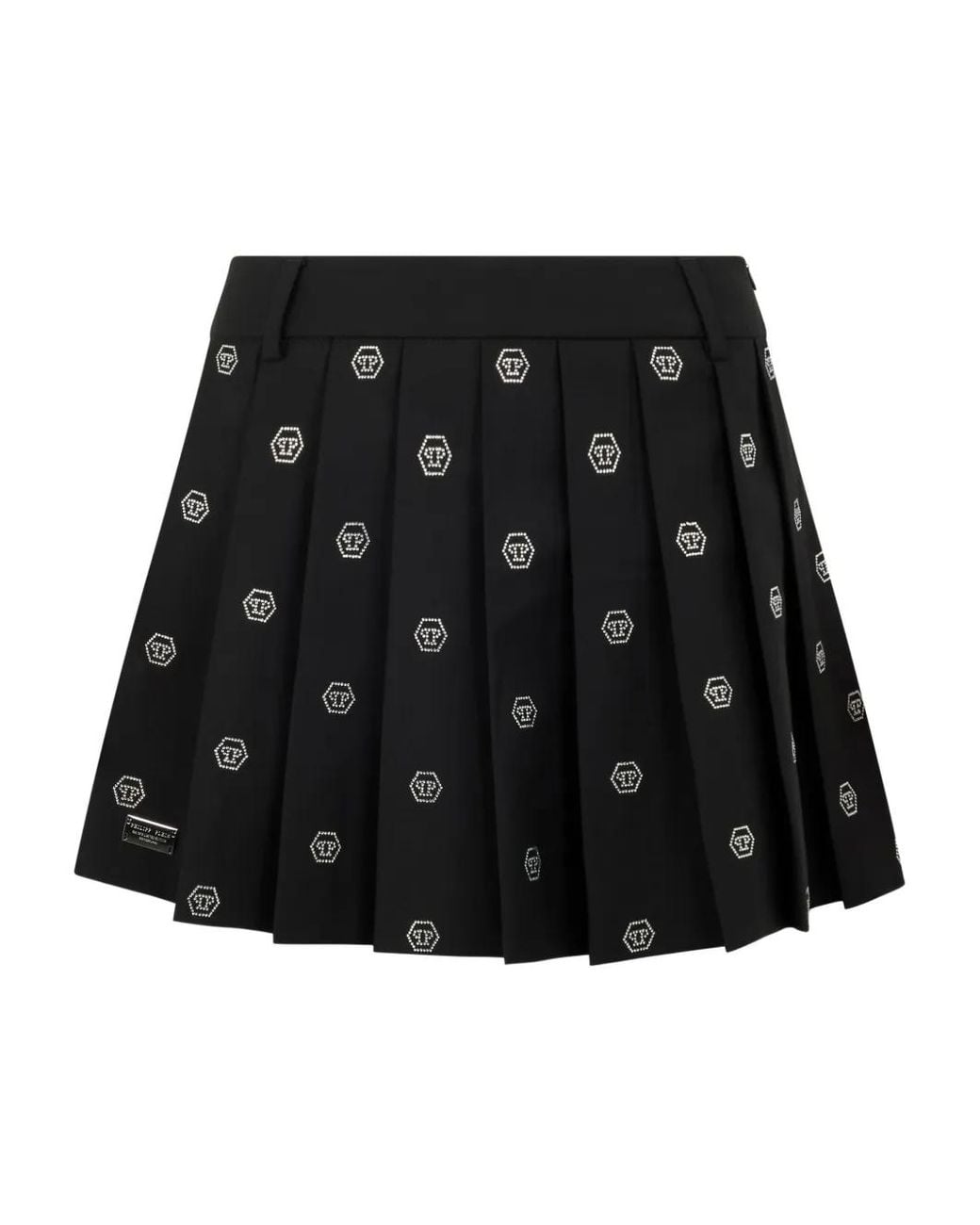 Philipp Plein Black Pleated Mini Skirt Small Monogram Strass Monogram Strass