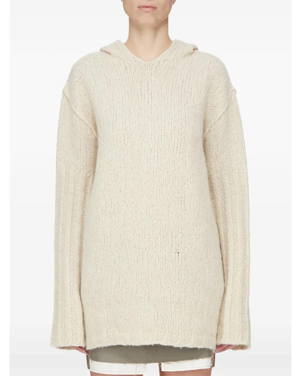 Rick Owens White Oversized Chunky-Knit Hooded Sweater