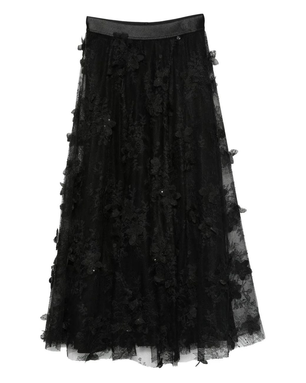 Nissa Black Floral-Lace Tiered Midi Skirt