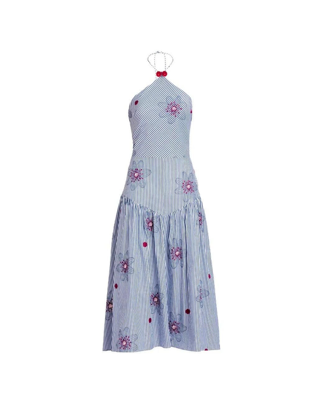 Silvia Tcherassi Blue Ares Floral-Embroidered Striped Midi Dress