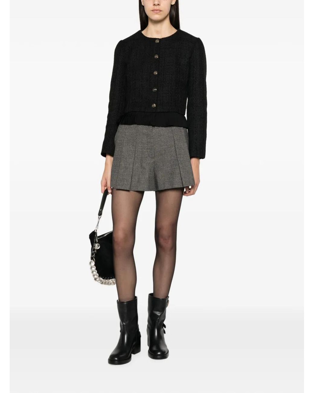 Sandro Gray Houndstooth-Pattern Pleated Shorts