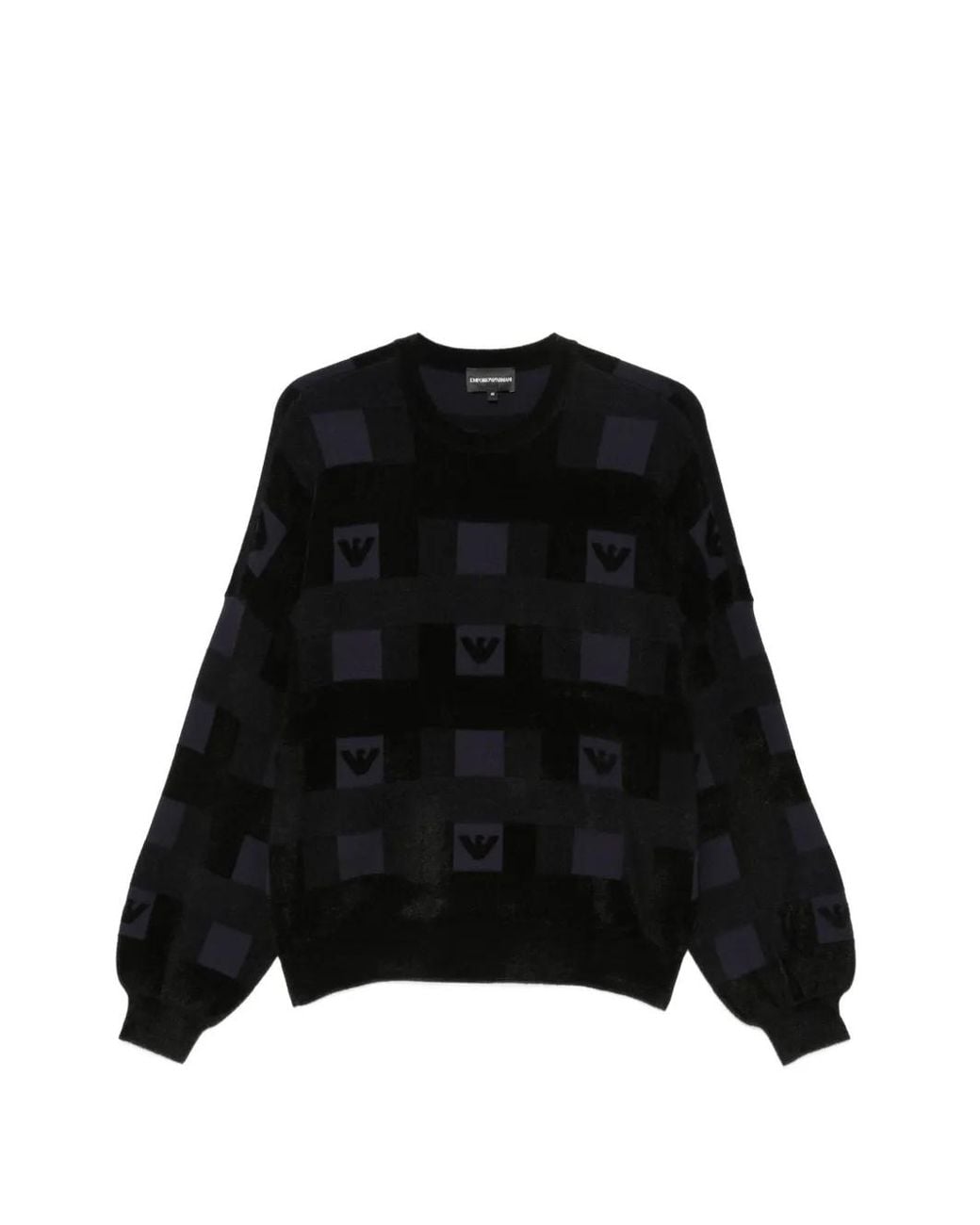 Emporio Armani Black Crew-Neck Sweater With Checkered Inlay Graphic And Logo