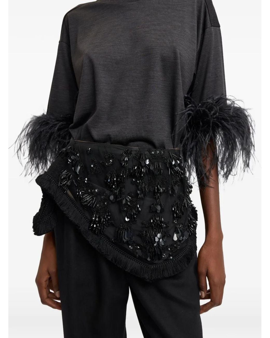 16Arlington Black Teodora Feather-Trim T-Shirt