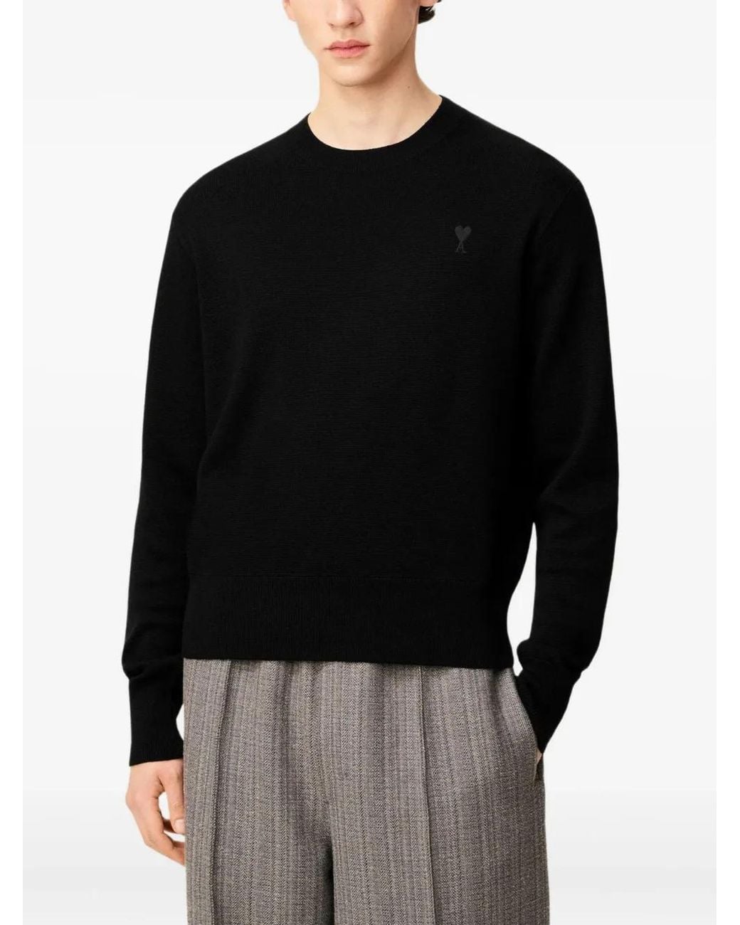 AMI Black Wool Crewneck Sweater With Contrasted Ami De Coeur for men