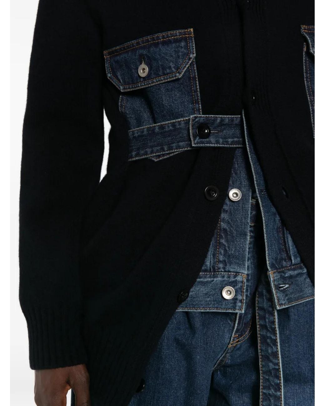 Sacai Black Denim-Panelled Button-Up Jacket