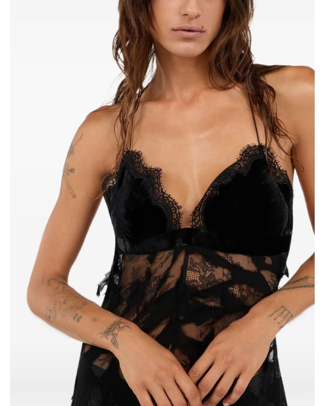 Roberto Cavalli Black Lace-Trim Velvet-Panel Maxi Dress